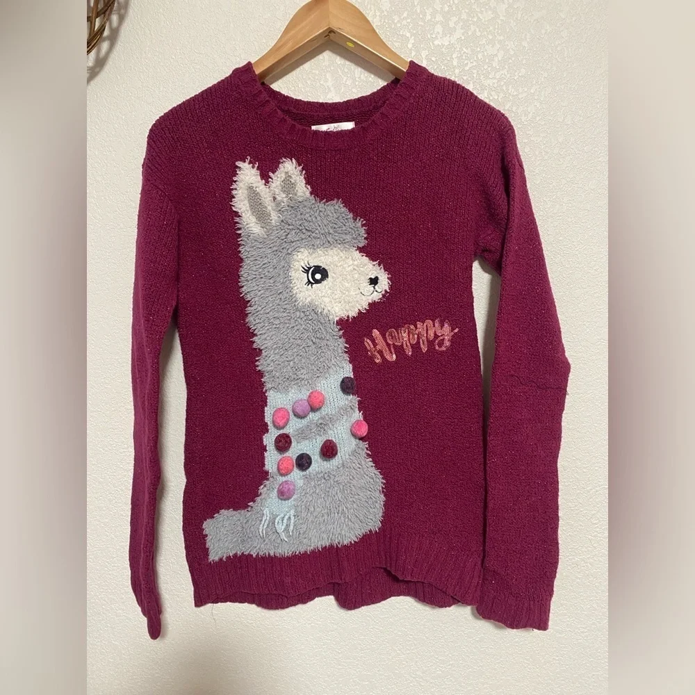 Justice Maroon Llama Sequin Sparkle Pom Pom Long Sleeve Sweater
